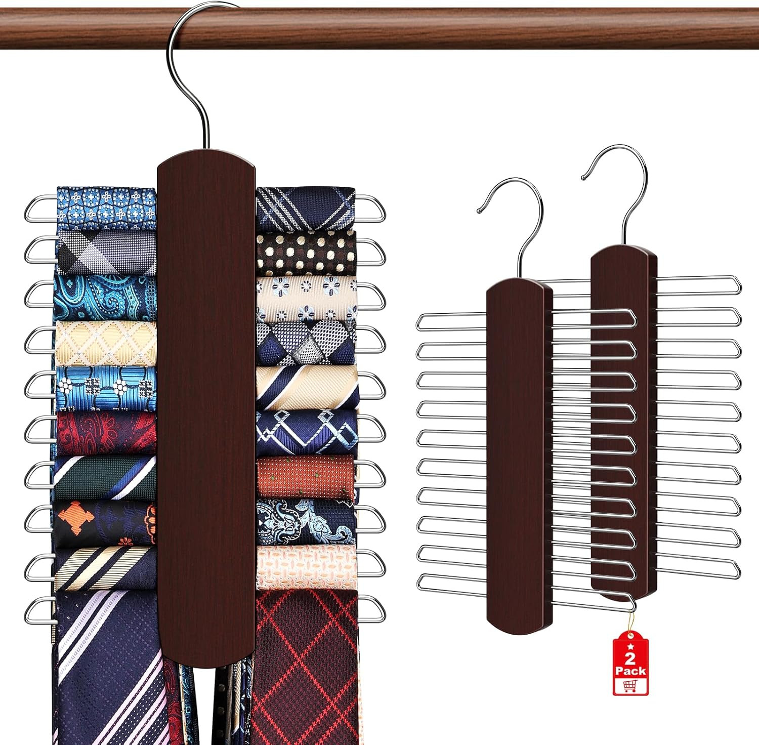 2 Pack Tie Rack for Closet Premium Wooden Necktie Organizer Storage Tie/Belt 40 gallery