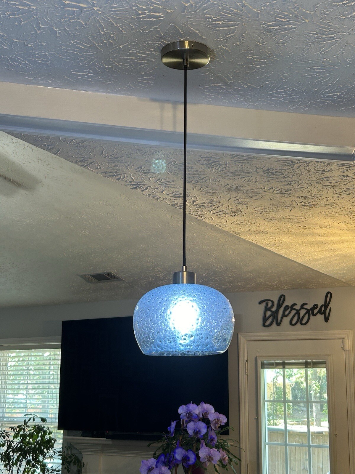 Hand Blown Dimpled Glass Pendant Light Blue Brushed Nickel Any Room gallery