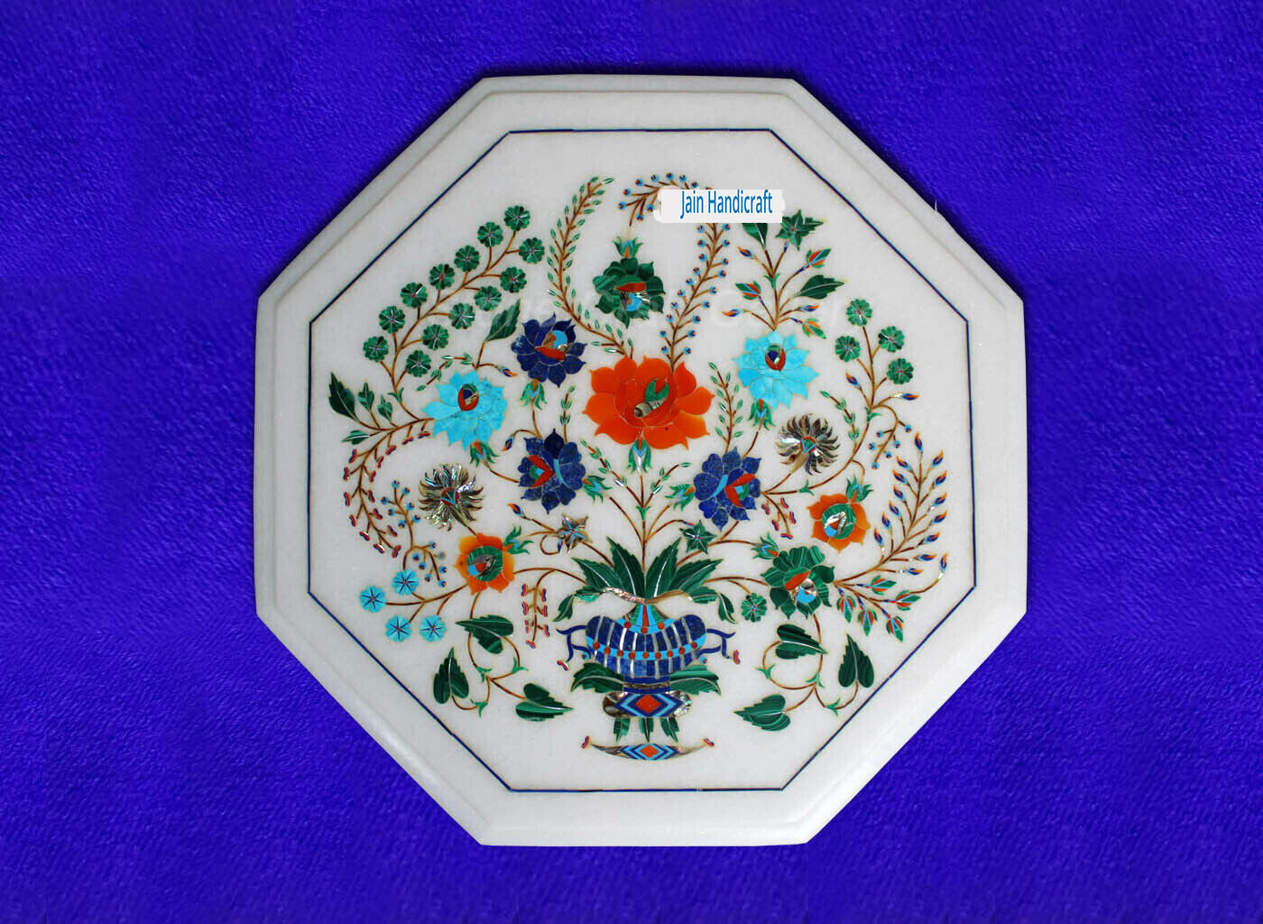 18'' White Marble Table Top Coffee Center Inlay Malachite handmade Lapis v136 gallery