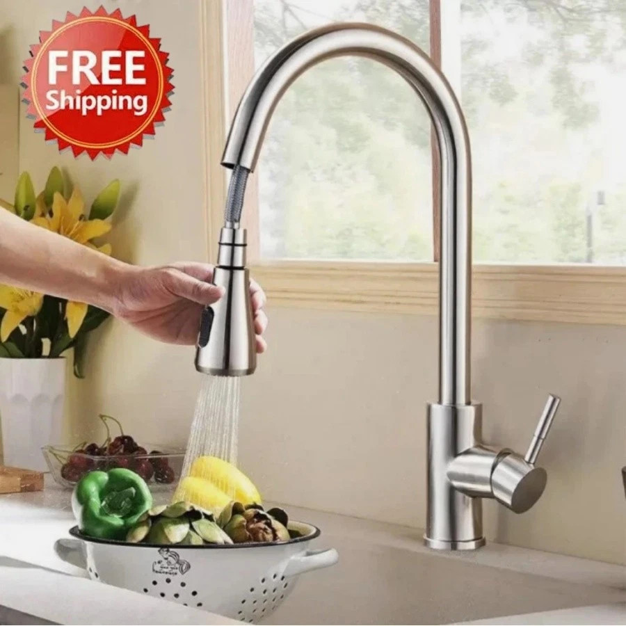 Kitchen Sink Faucet Brushed Nickel Single Handle Swivel Pull Down Sprayer Mixer gallery