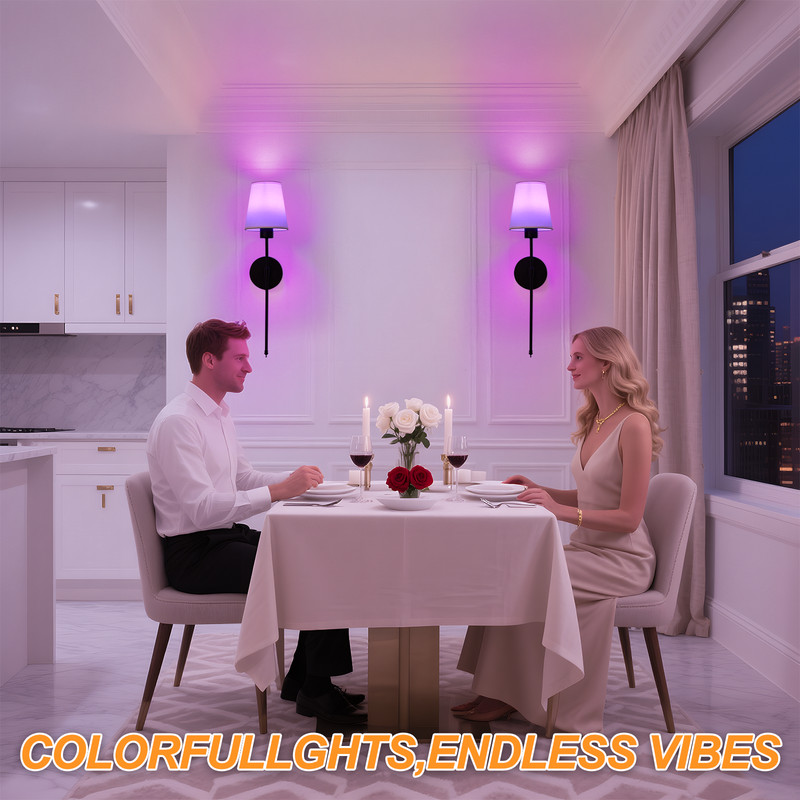 2 Pack RGB Wall Sconce Matte Black Long Pole Fabric Shade Bedside Lamp gallery