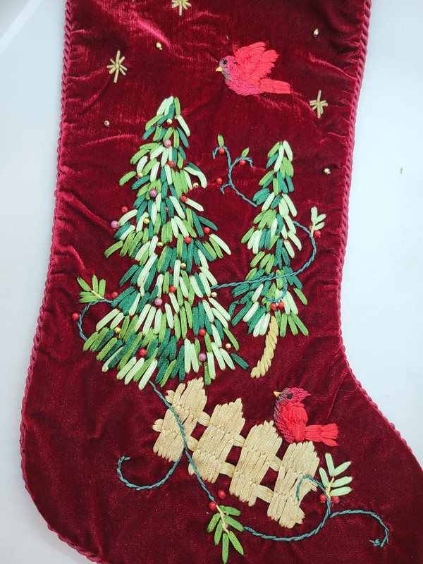Prima Creations Cardinal Christmas Trees Velvet Embroidered Stocking 2004 gallery