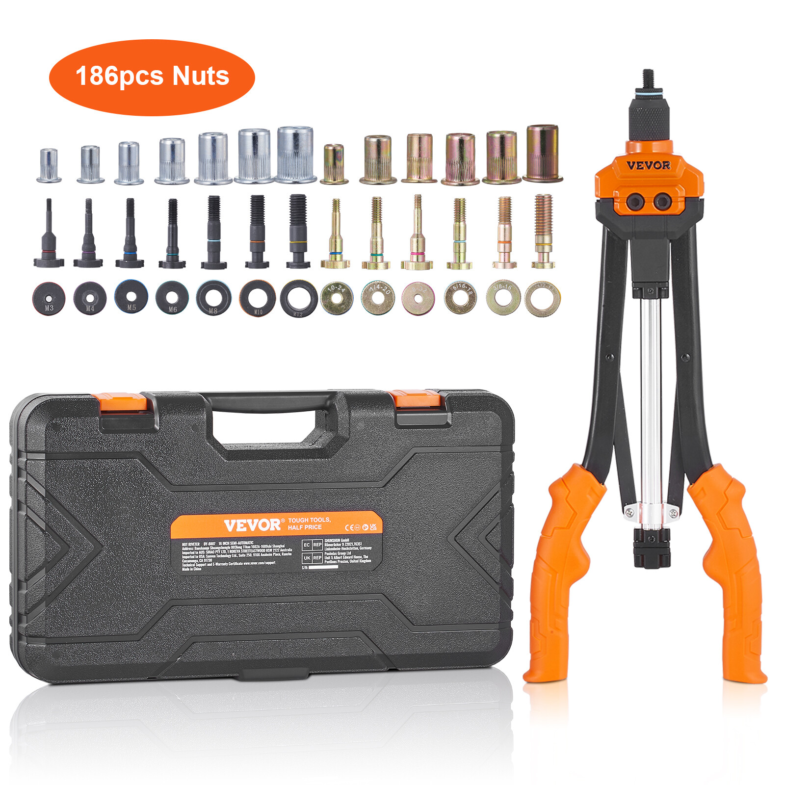 VEVOR Rivet Nut Tool 16in Rivnut Tool Kit 13PCS Mandrels and 186PCS Rivet Nuts gallery