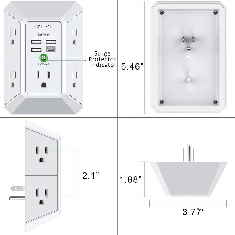 5 Outlet Extender Surge Protector Multi Plug Wall Adapter USB Charger Ports with gallery