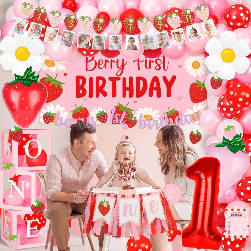 Complete Berry First Birthday Decor Set for Girls with DIY Balloon Arch Kit gallery