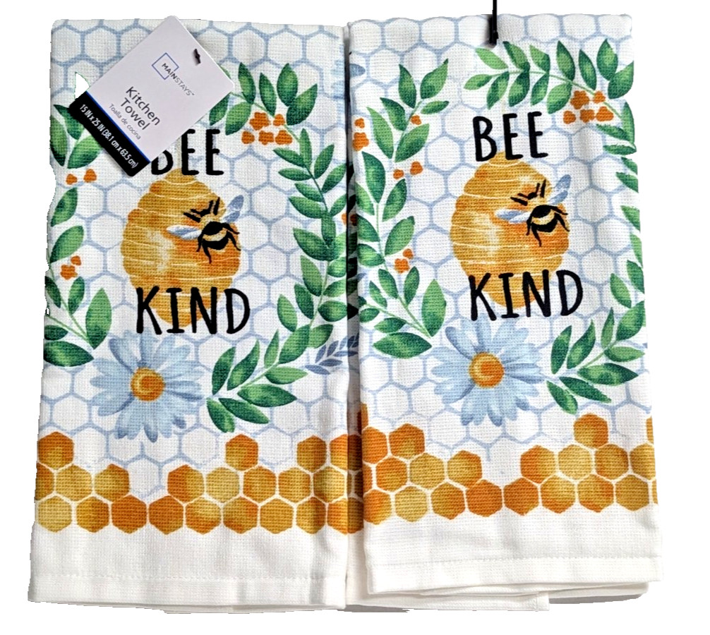 Bee Kind Kitchen Towel Multicolored 15 x 25-in Floral Honeycomb 2pc Gift NEW gallery