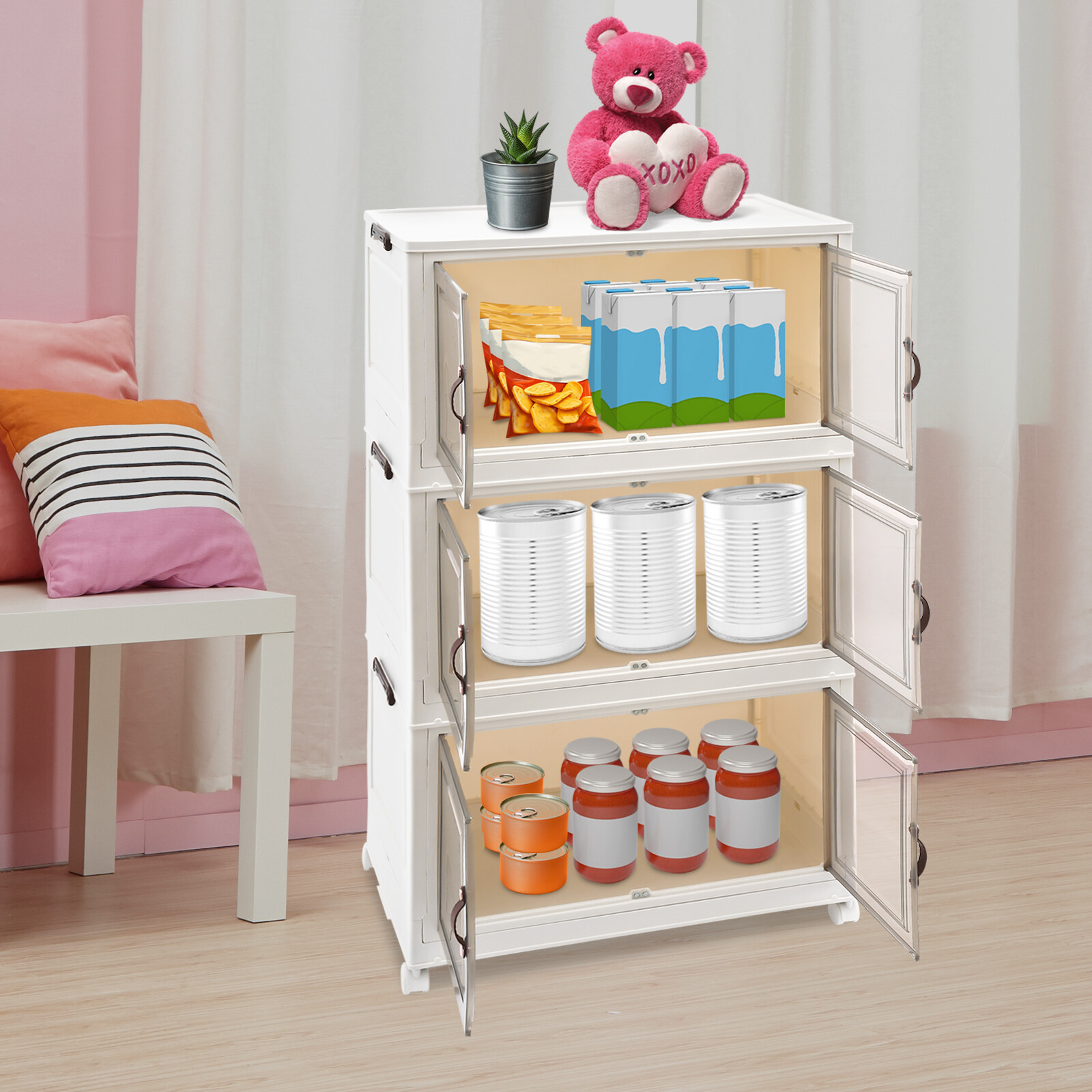 3PCS Foldable Stackable Storage Cabinets with Wheels White 25.59*16.54*43.5in US gallery