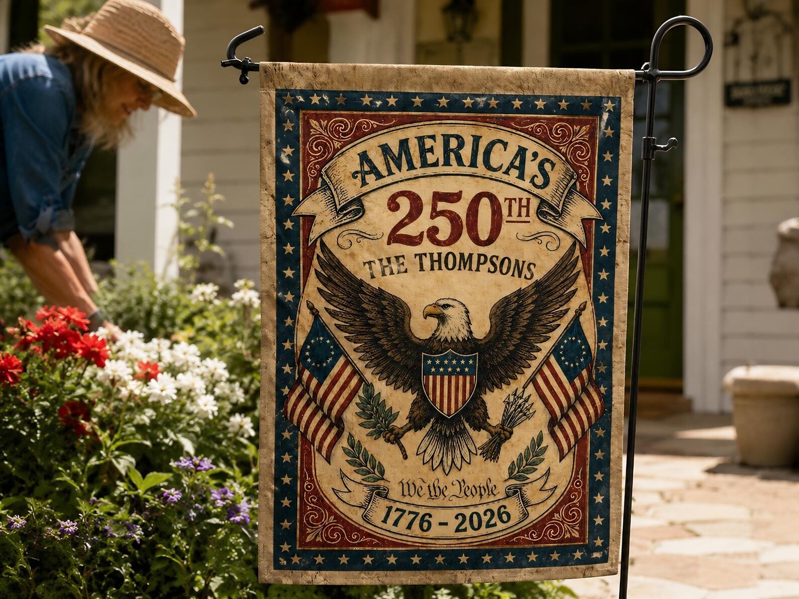 PERSONALIZABLE 250th America Garden Flag, CUSTOMIZABLE Patriotic Family Name Yar gallery