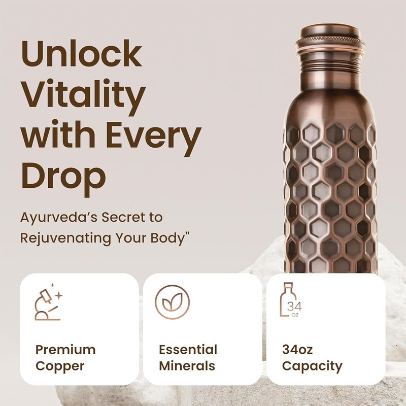 100% Copper Water Bottle for Drinking Water, 34 Oz Antique Black – Stay Hydrated gallery