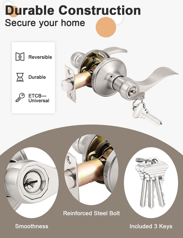 5 Pack Keyed Entry Lever with Same Key, Satin Nickel Wave Door Handle Set, Exter gallery