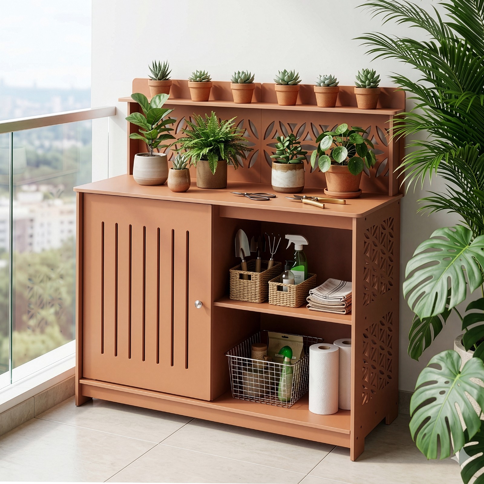112×39×113cm Teak Color Single Side No Door PVC Panel Plastic Outdoor Storage Bo gallery