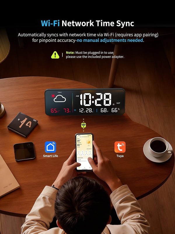 Large Digital Wall Clock with Auto-Sync, LED Alarm, Weather & Temp Display gallery