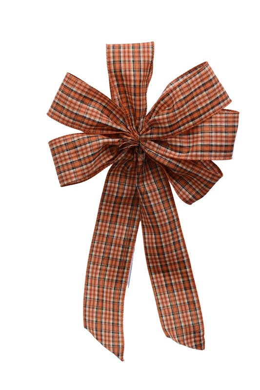 Large 10" Hand Made Bow - Wired Linen - Orange Rust Fall Plaid - Fabric Ribbon gallery