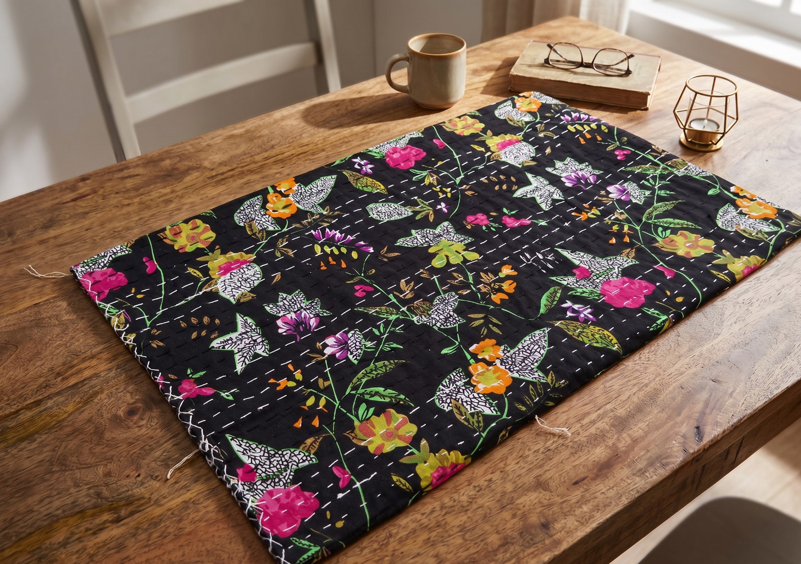 Indian Handmade Black Paradise Printed Cotton kantha Quilt Blanket Throw gallery