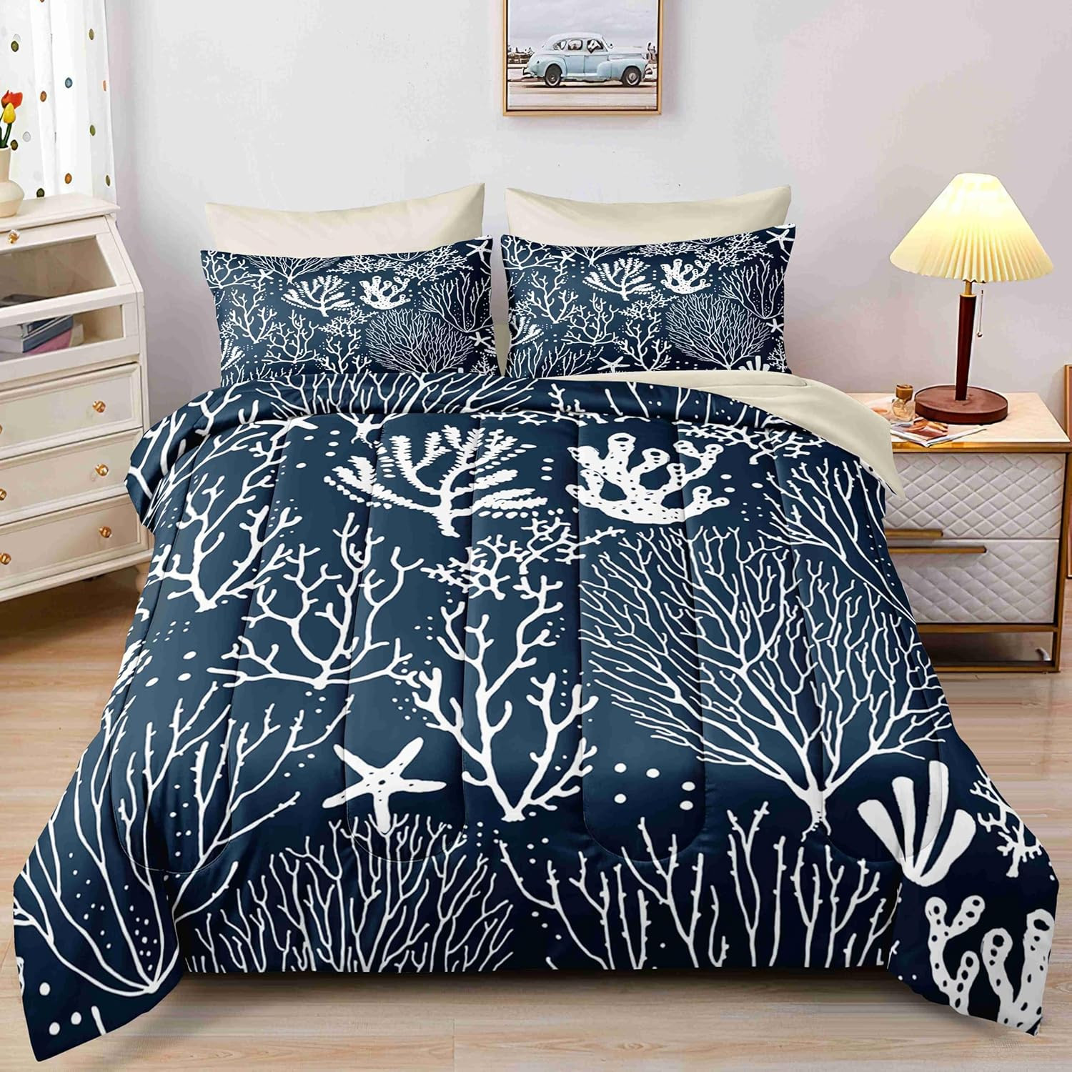 Navy Blue Coral Reef 7-Piece Queen Comforter Set with Sheets & Pillowcases gallery