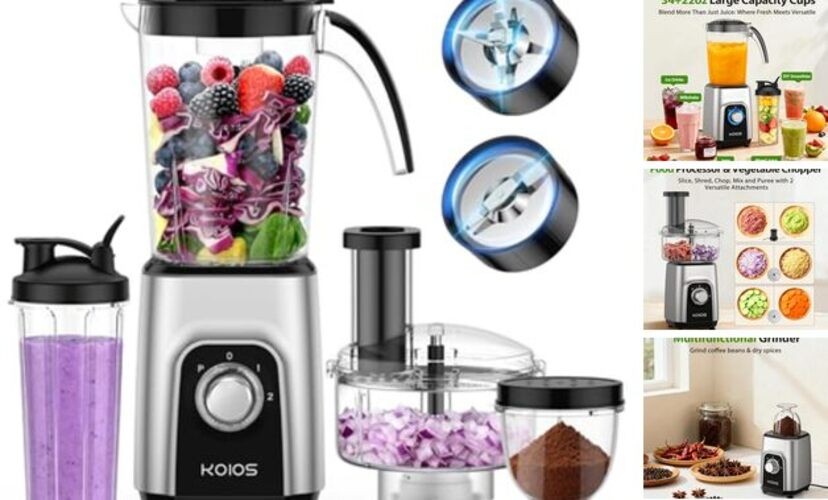 Blender/Food Processor Combo Max 1000W, 4 in 1 34oz Pitcher, 22oz Travel Cup,