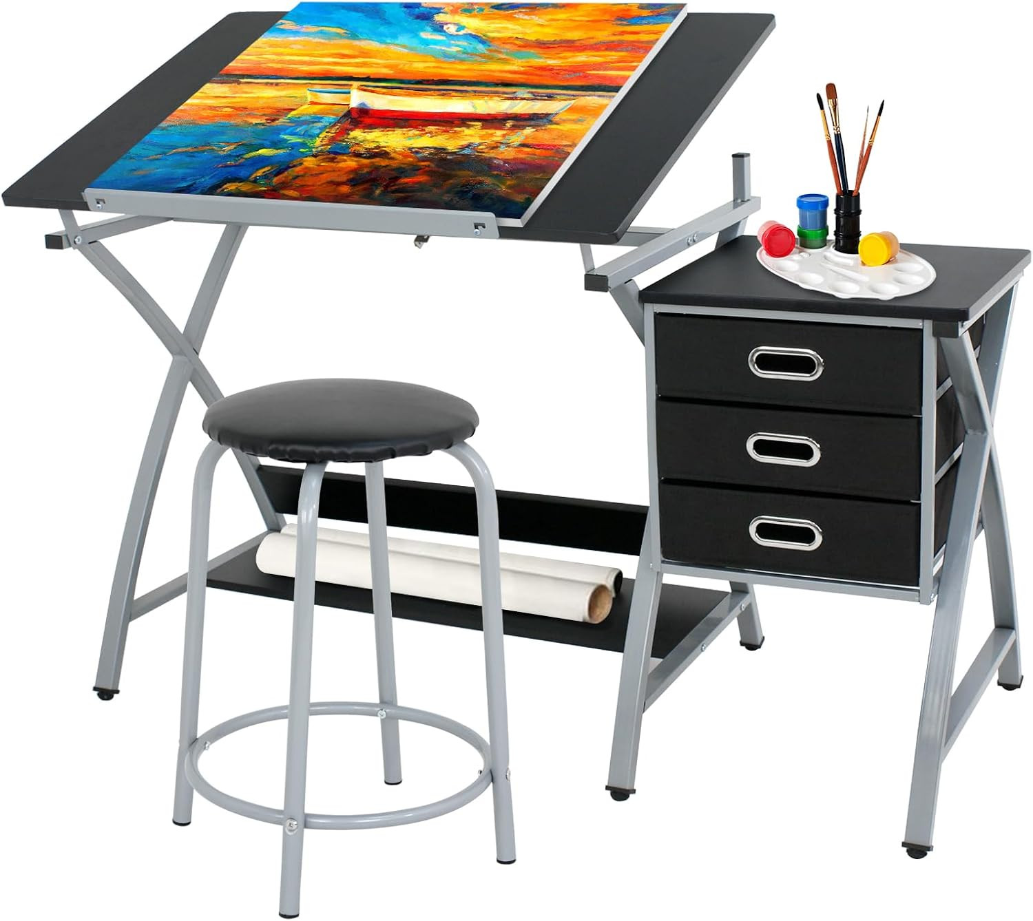 ZENY Drafting Table and Stool, Tilted Draft Table Desk W/Drawers, Artist Drawing gallery