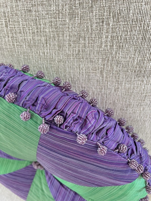 Silk Beaded Throw Pillow Round Rectangular Green Handmade Boho Colorful 18” gallery