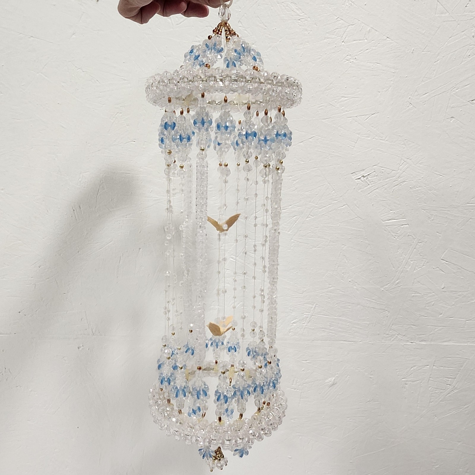 Beaded Bird Cage Hanging Mobile Clear Blue Plastic Beads18in Bohemian Decor gallery