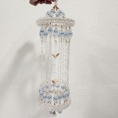 Beaded Bird Cage Hanging Mobile Clear Blue Plastic Beads18in Bohemian Decor