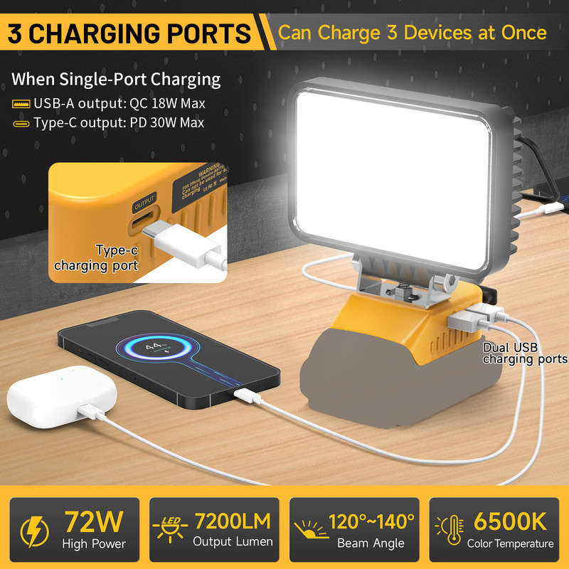 72W LED Work Light Compatible with De-walt 18V/20V Battery 7200LM Flashlight gallery