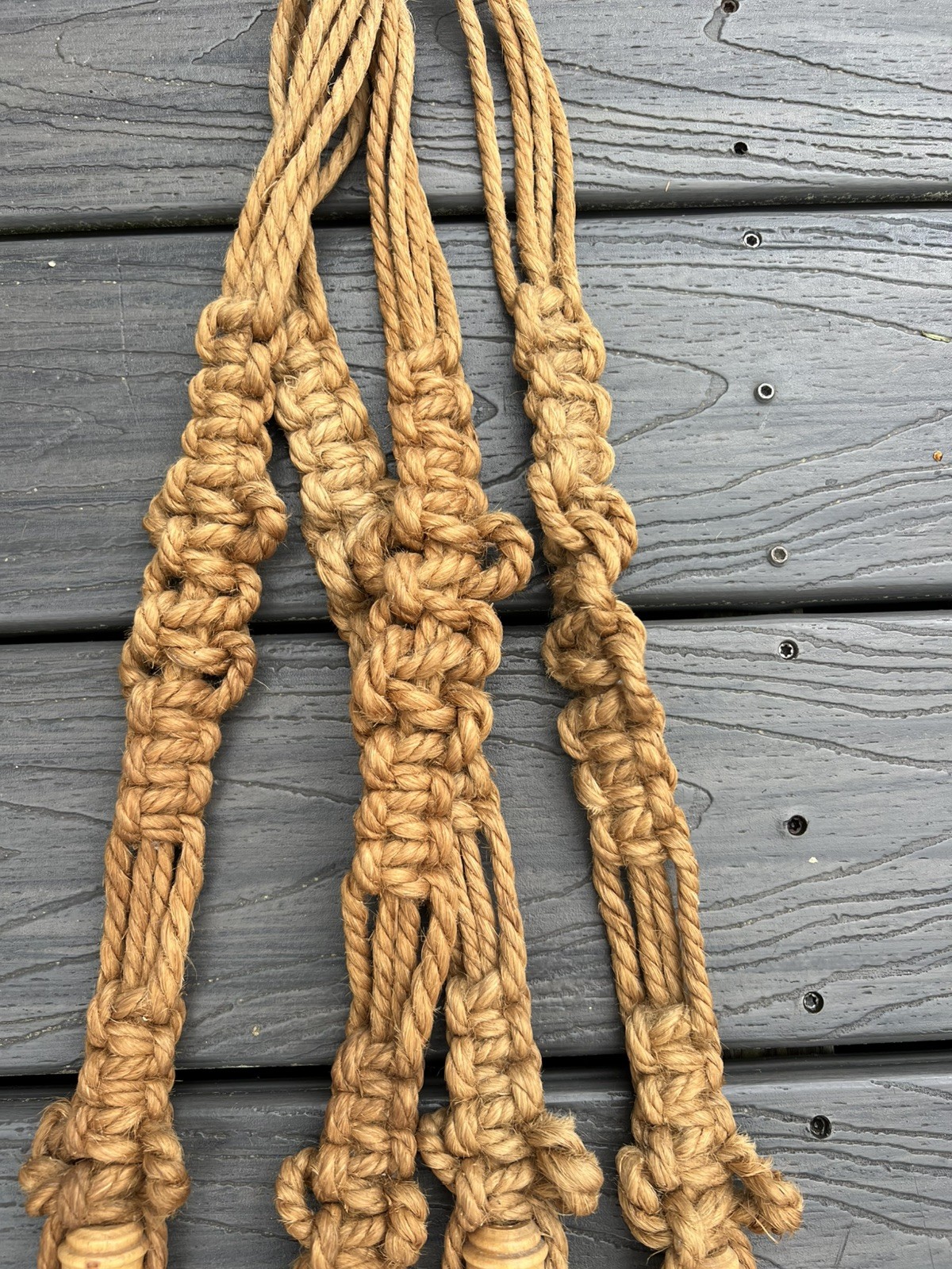 Vintage 1970s Macrame Jute Braid & Wooden Bead Plant Hanger Boho Retro MCM gallery