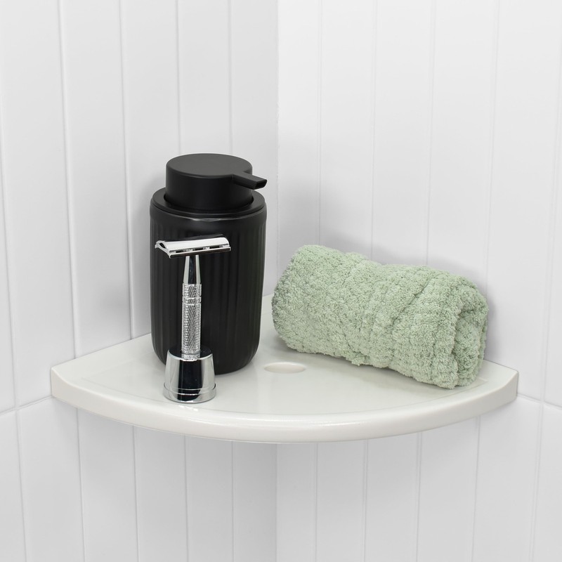 Questech 10" Corner Shower Shelf, Retrofit Tile, Metro Flatback, White Polished gallery