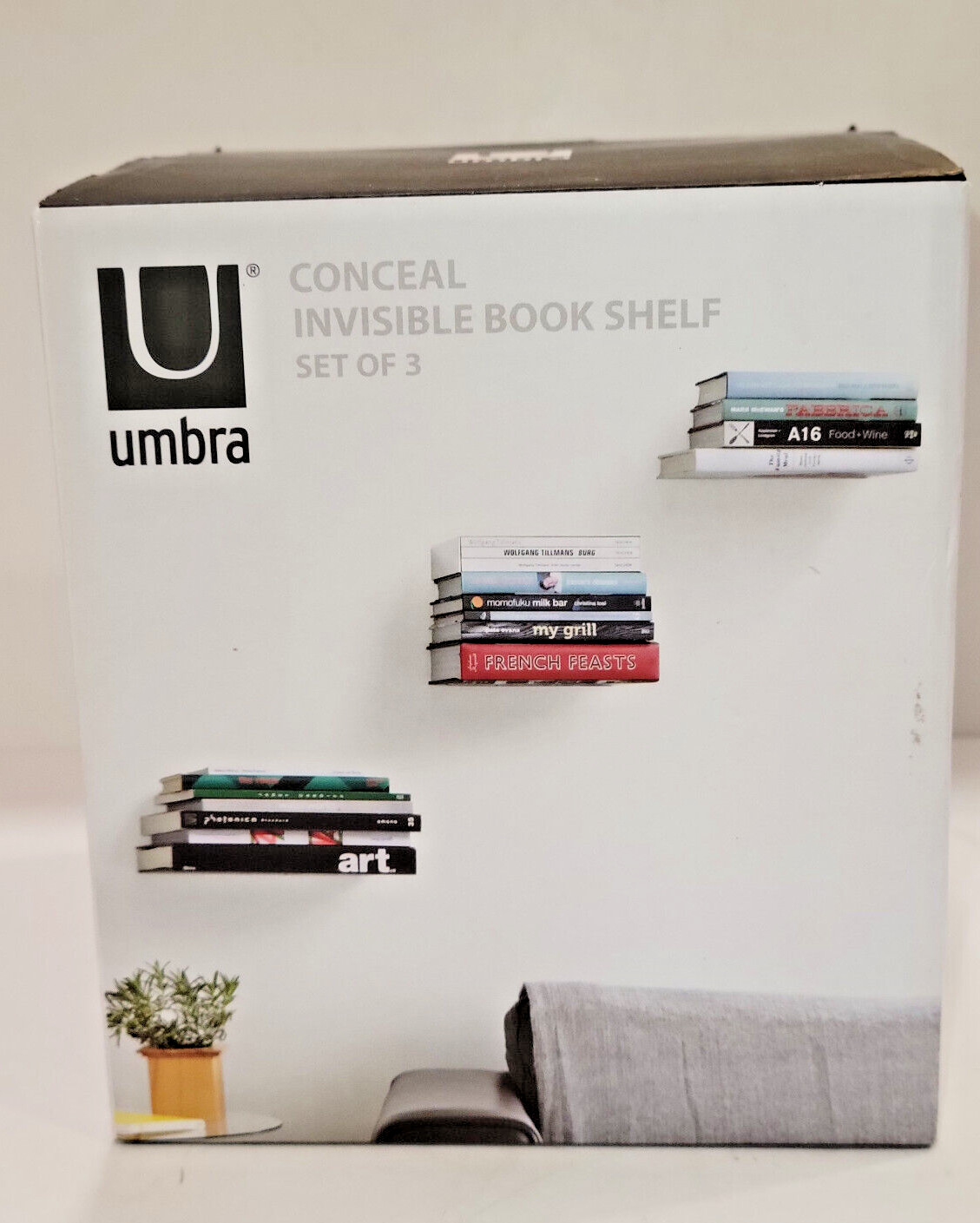 NEW 15 lb Umbra Conceal Invisible Bookshelf Set of 3 Floating Wall Mount 5X5X5.5 gallery