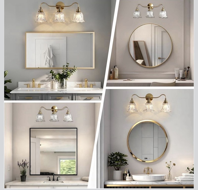 3-Light Gold Vanity Wall Light, Clear Glass Shades, E12, 25in, 110-120V gallery