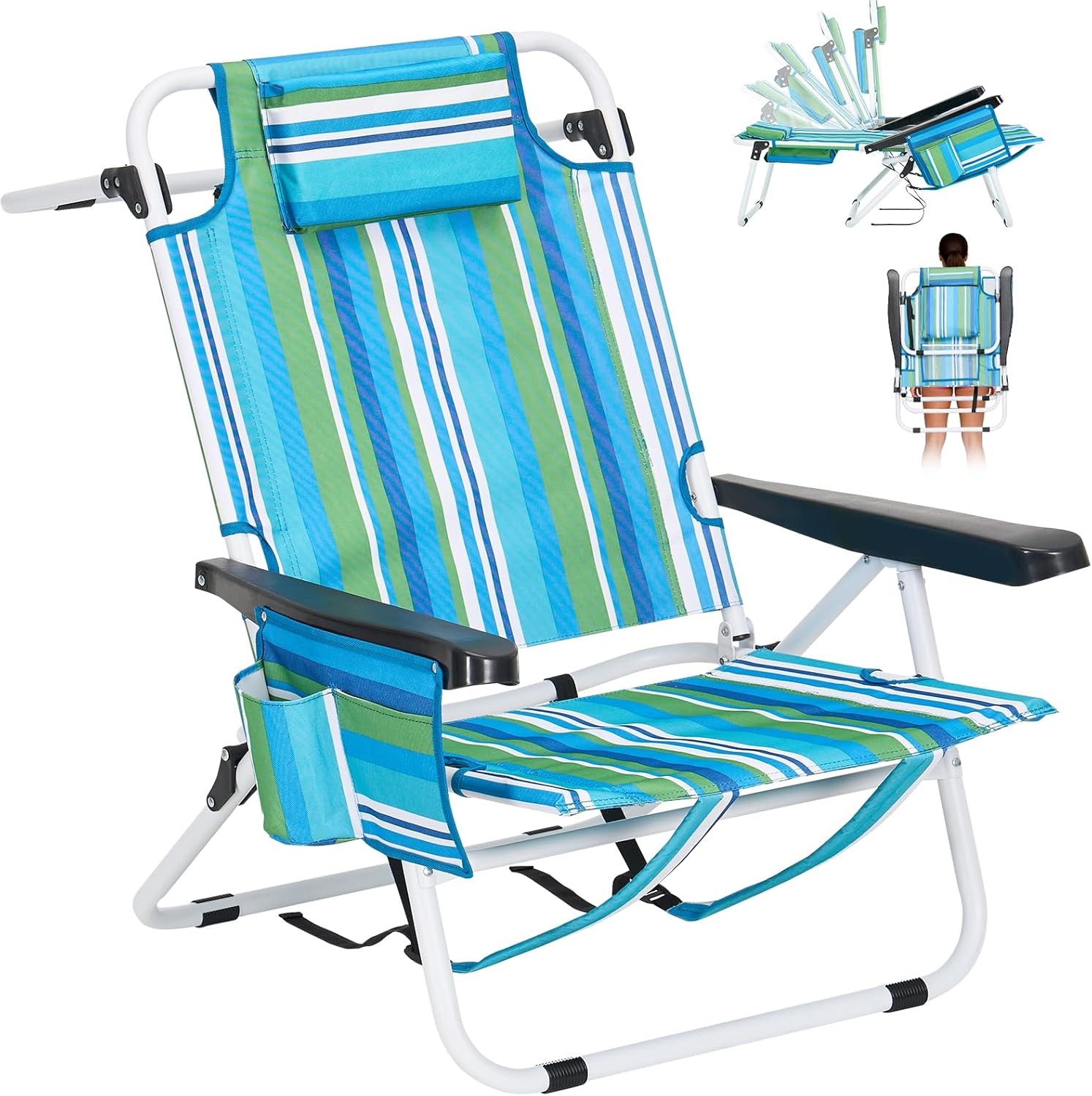 NAIZEA Beach Chairs Backpack 5-Position Tanning Chair with Cooler Bag Cup Holder gallery