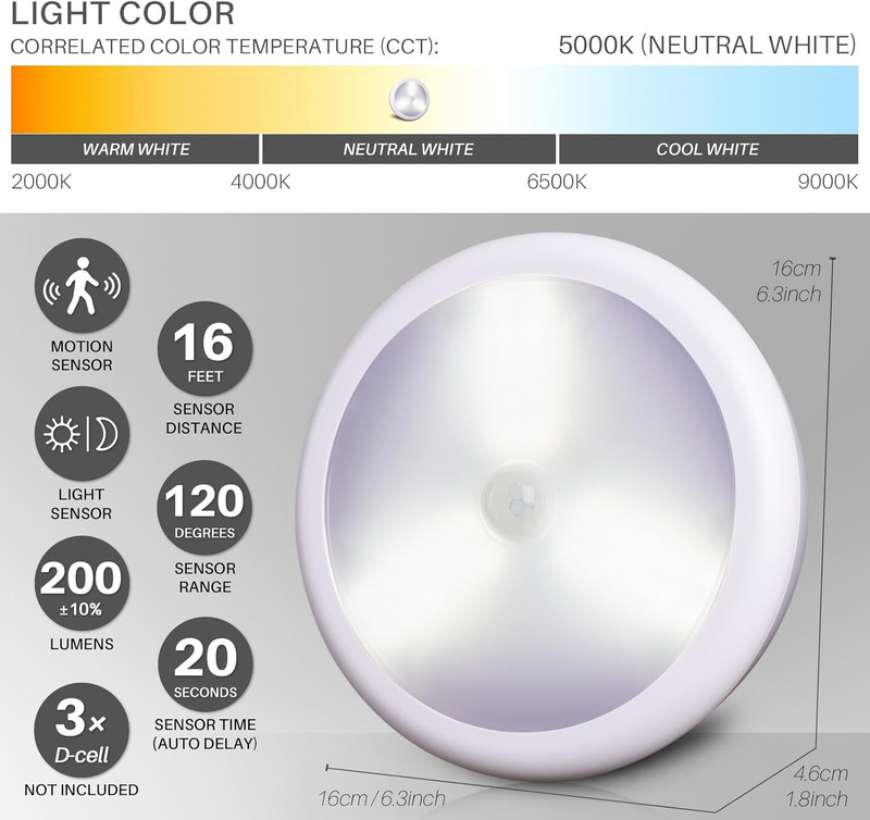 6.3” Motion Sensor Ceiling Light Indoor AA or D-Cell Battery Operated for Hal... gallery
