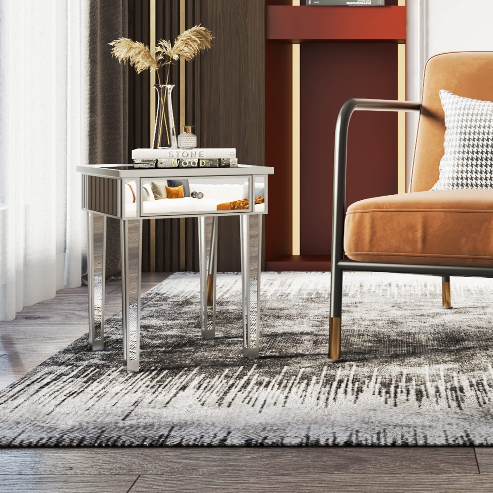 VINGLI Mirrored End Table with Drawer Silver Modern 1 Pack, gallery