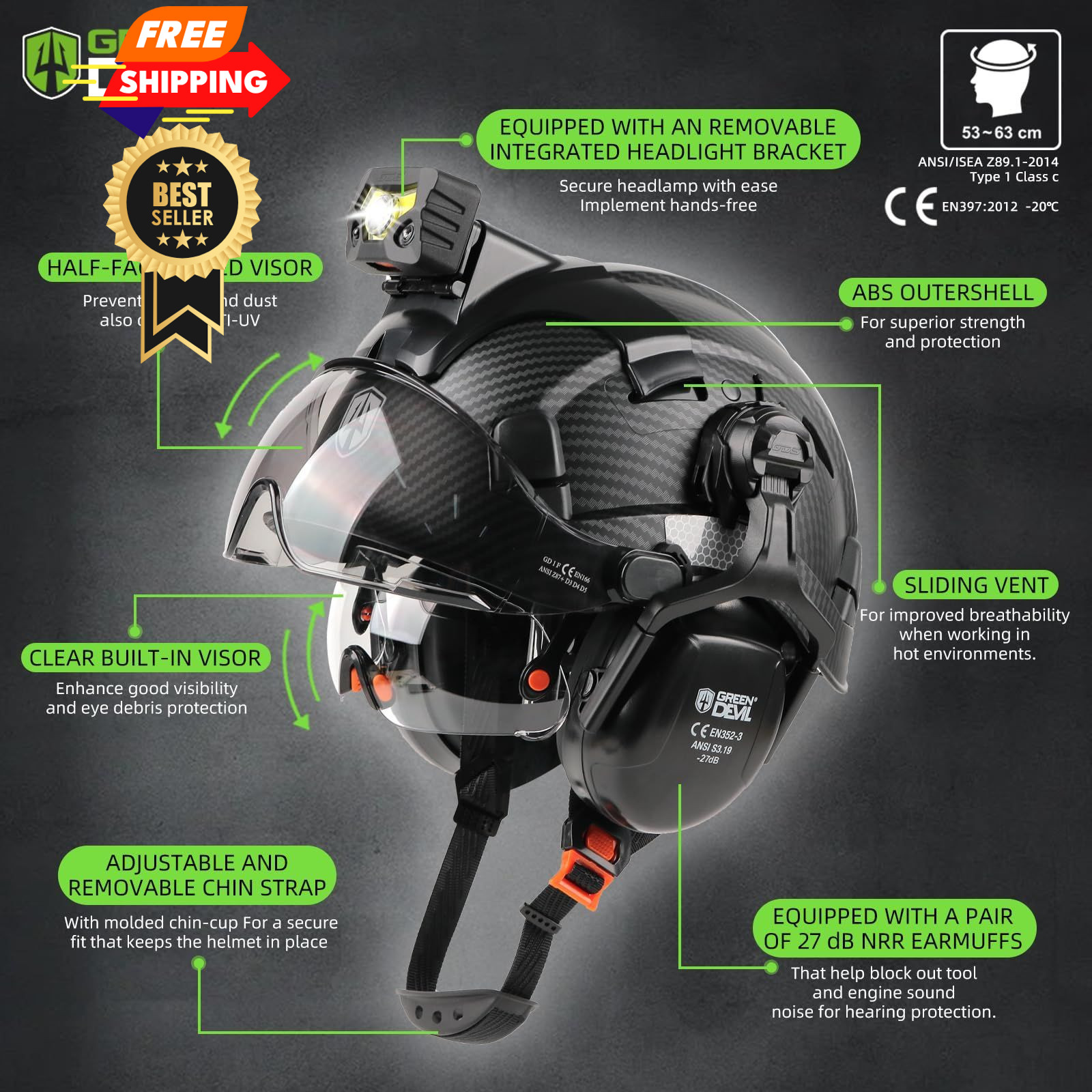 GREEN DEVIL Hard Hat Safety Helmet with Rechargeable Medium, Matte Black gallery