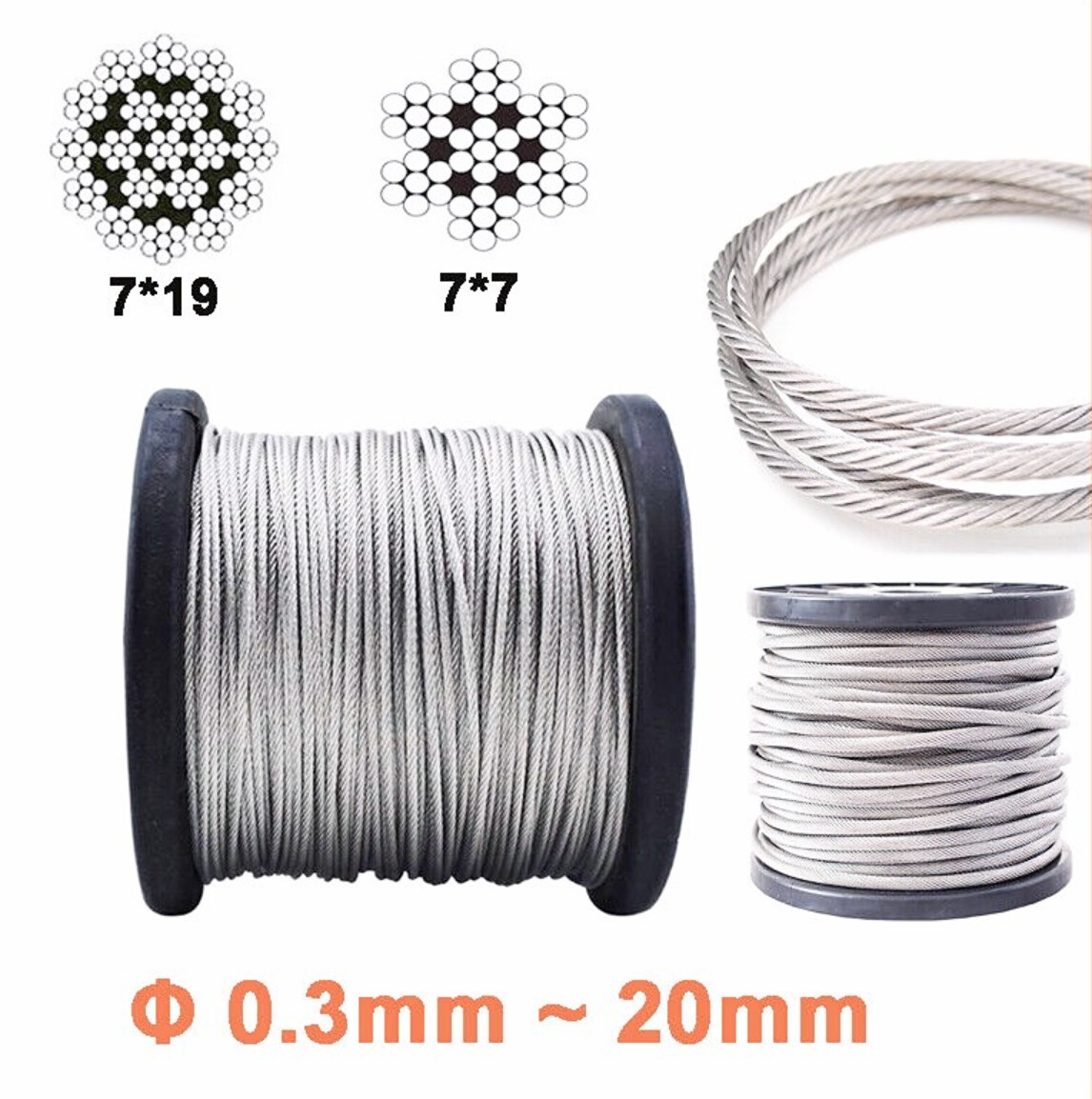 304 Stainless Steel Wire Rope Cable Flexible Φ 0.3mm - 20mm 7x7 7x19 Structure gallery