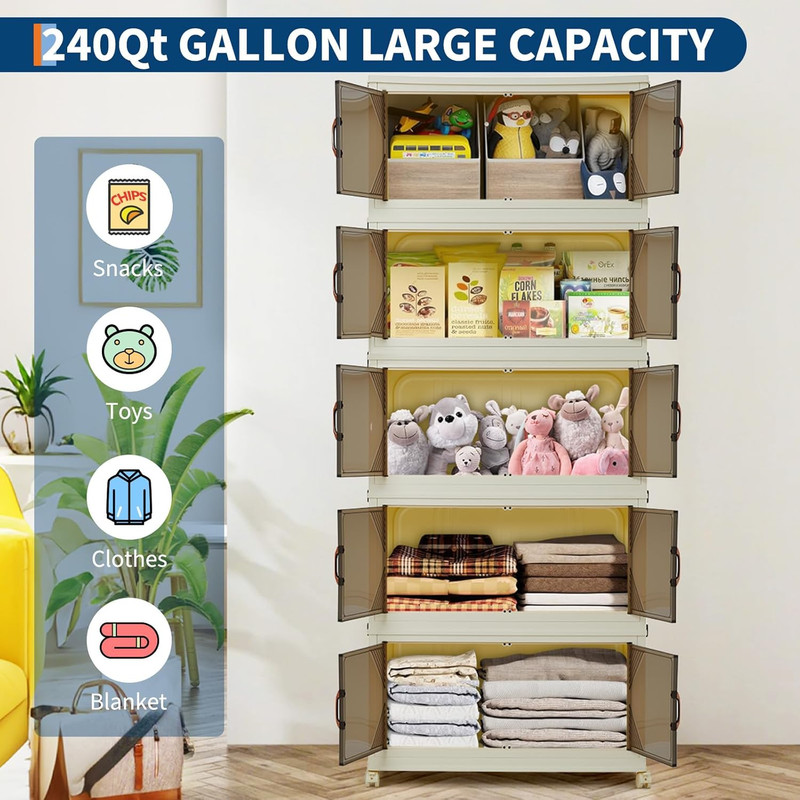 240QT Stackable Storage Bins, Folding Storage Box with Magnetic Doors & Wheels, gallery