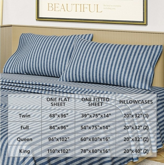 Beautiful Striped 4-Piece 100% Cotton Washed Percale Natural Sheet Set Queen NEW gallery