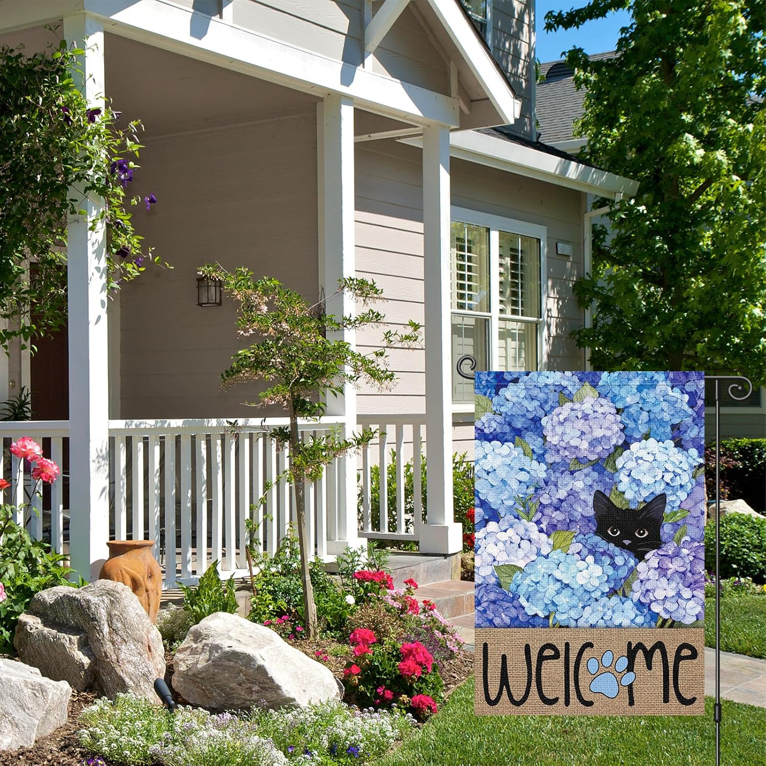 Spring Summer Garden Flag Black Cat Hydrangea Flower Welcome Double Sided 12X18 gallery