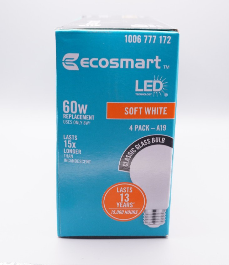 EcoSmart Light Bulbs 60W Soft White Dimmable, A19, 800 Lumens, 2700K, Box of 4 gallery