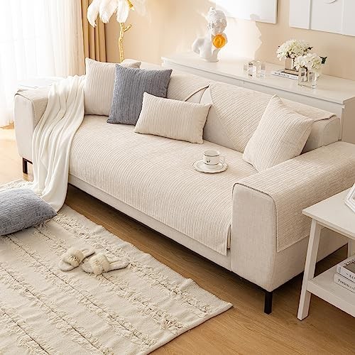 Soft Chenille Sofa Couch Cover Solid Color Striped Weave 27"x47" Cream gallery