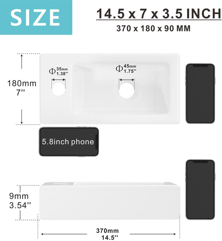 Small Wall Mount Bathroom Sink Rectangle Porcelain Ceramic Mini Vanity Vessel Si gallery