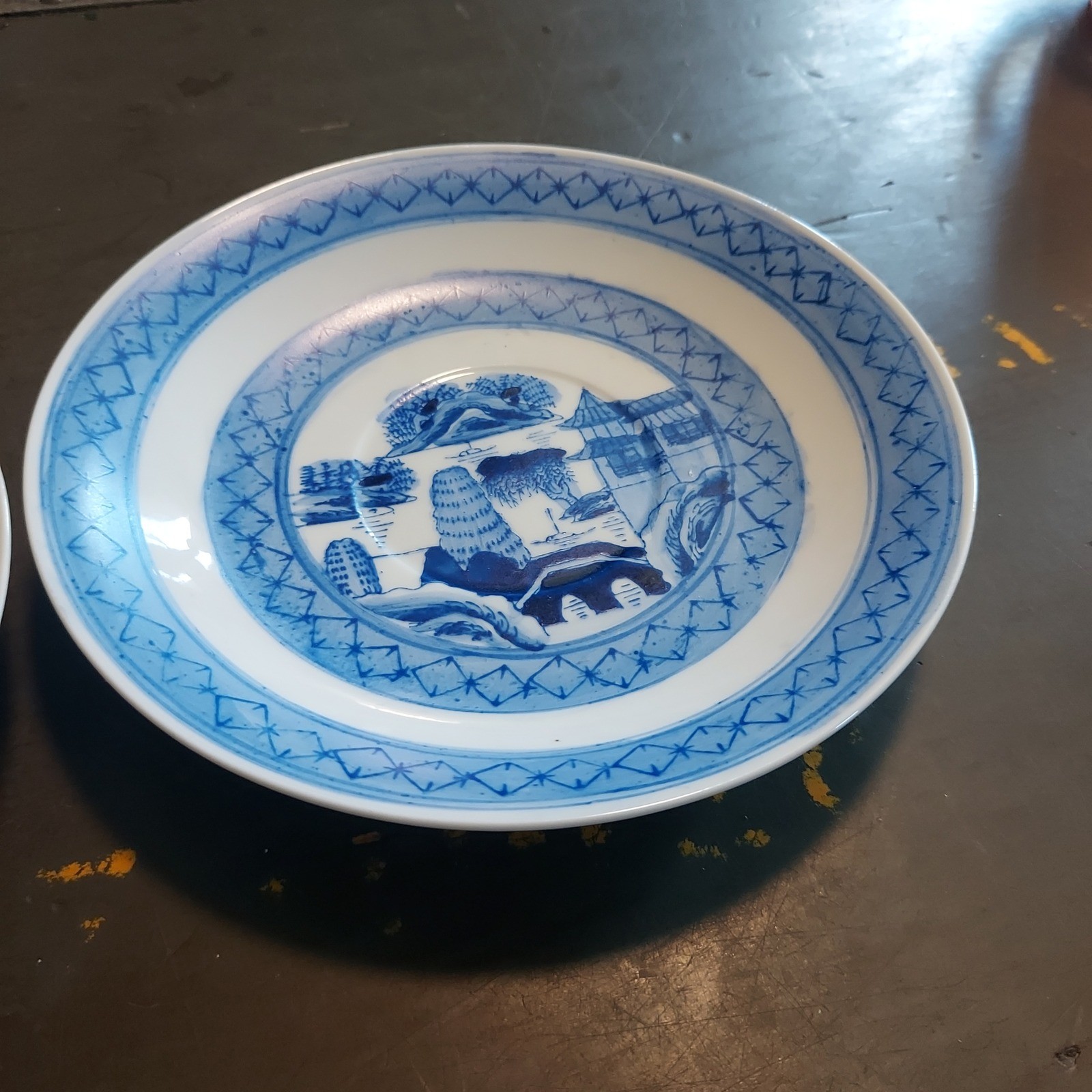 OMANN Old Canton Hand Painted Blue White Porcelain Saucers Set of 2 MCMLXXX 1980 gallery