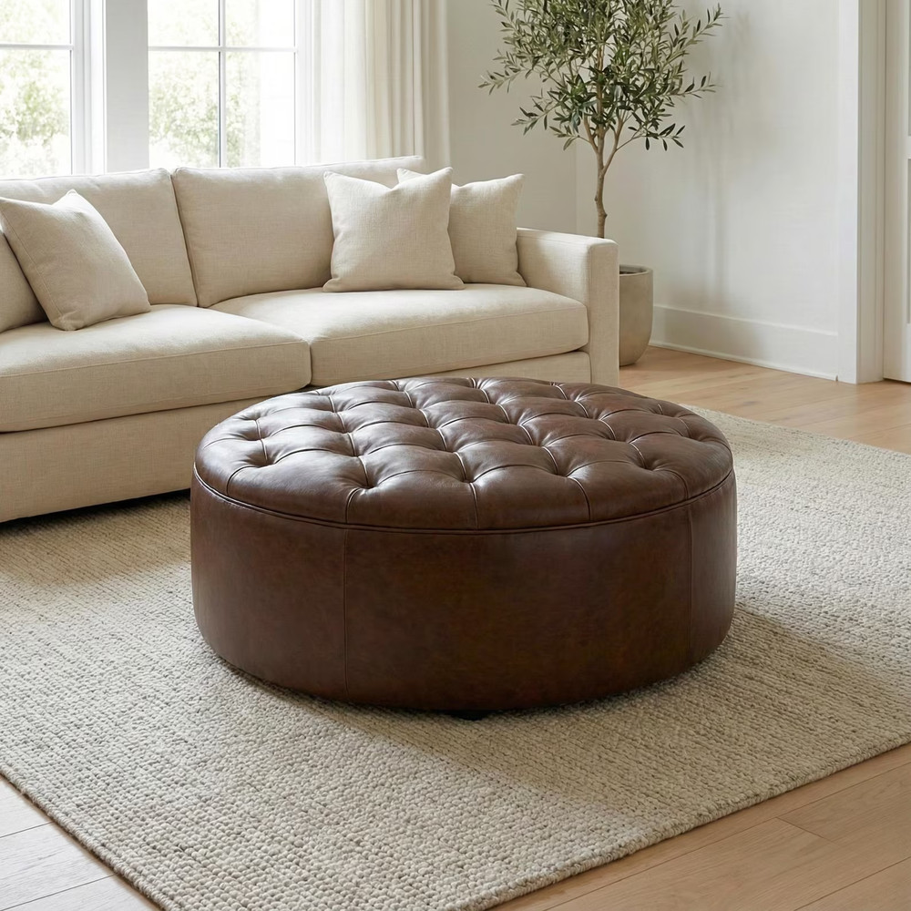 Authentic Tufted Leather Ottoman Large Round Coffee Table Pouf Dark Brown