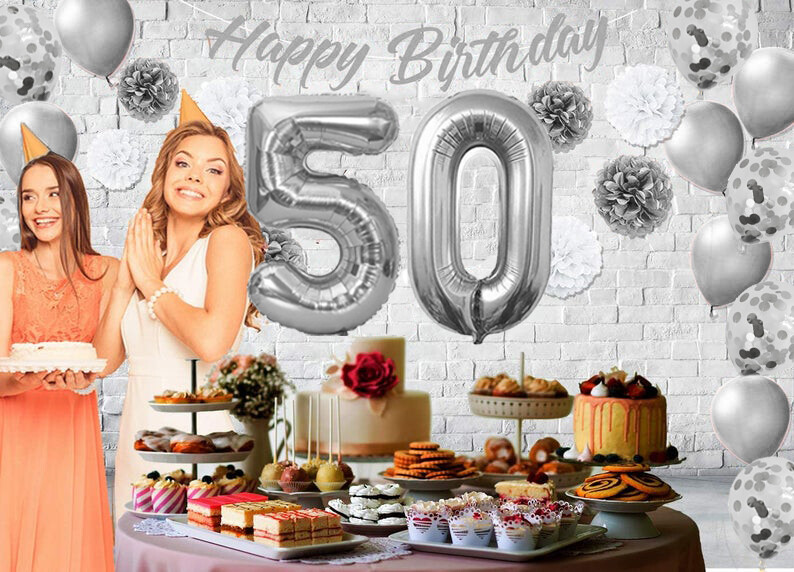 Silver & White 50th Birthday Decorations - 40" Number Balloons &More-Boy or Girl gallery