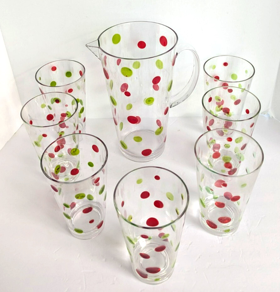 Retro Acrylic Polka Dot 7 Glasses Pitcher Set Clear Red Green Drinkware Outdoor gallery