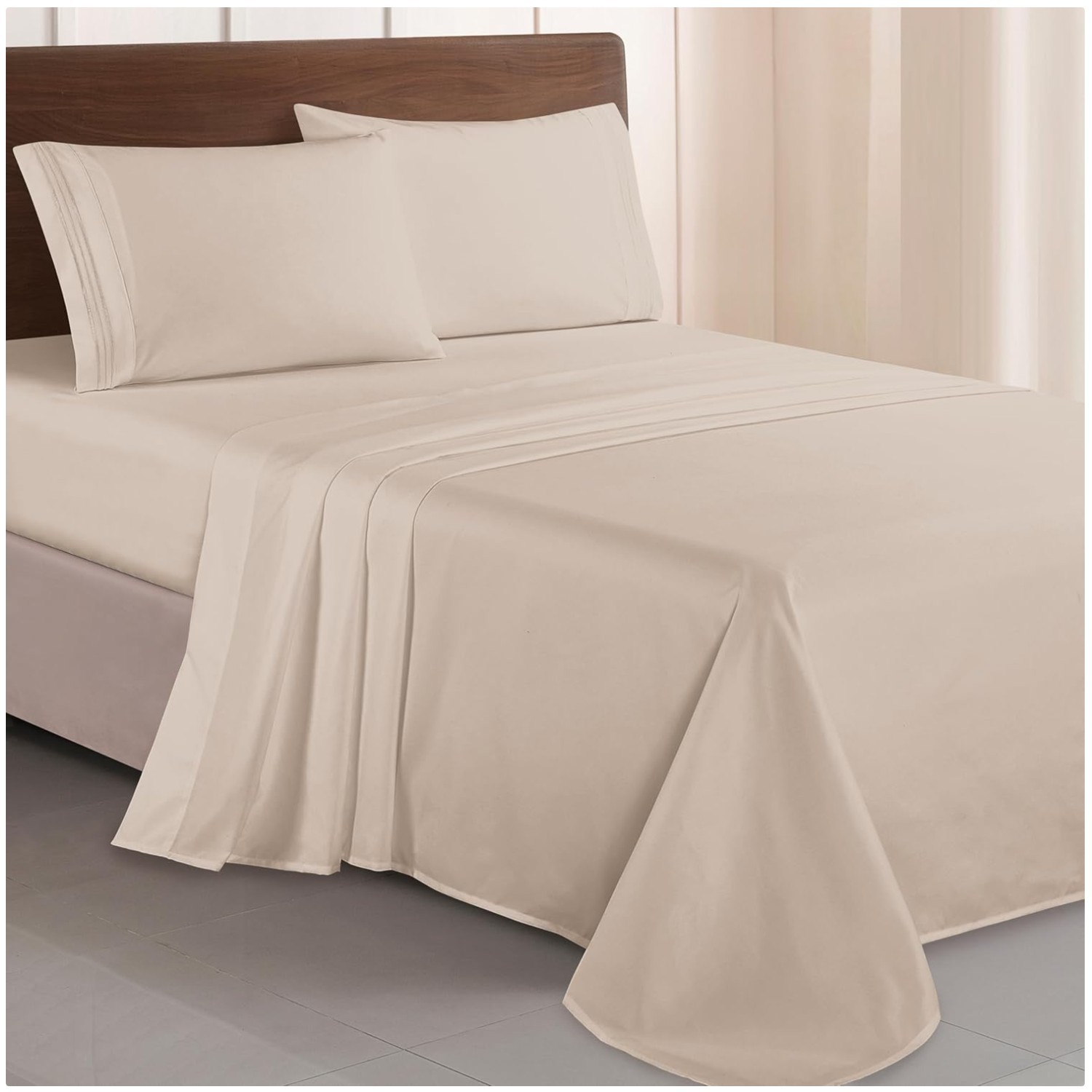 Hotel Quality Embroidered Microfiber Sheet Set, Queen, Cream gallery