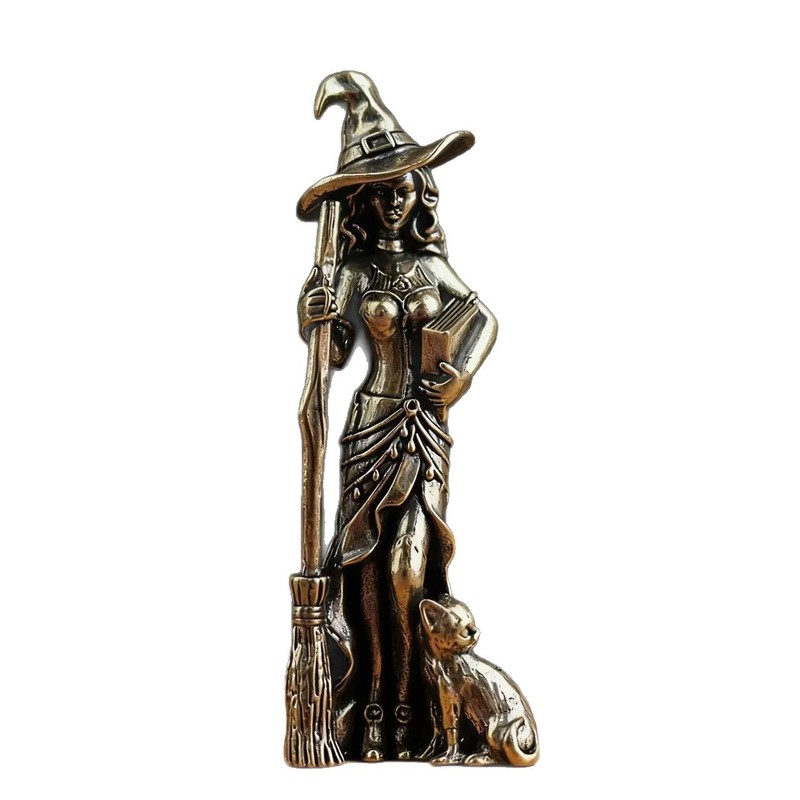 2PCS Brass witch Broom cat figure statue Halloween magical fantasy decor gallery