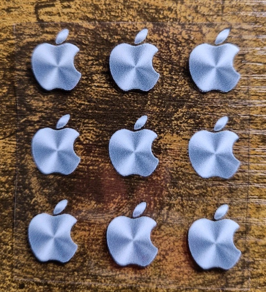 9 pc. Apple Logo Metallic Silver 5/8 in tall UV DTF Decal Sticker waterproof USA gallery