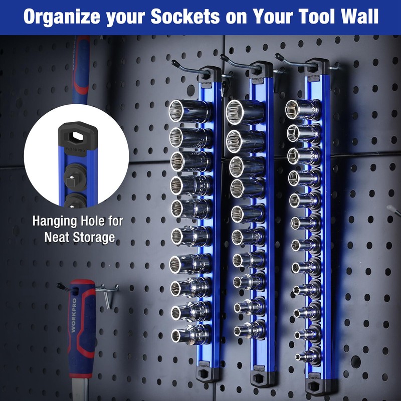 WORKPRO Magnetic Socket Organizer Set, 3-Piece Aluminum Alloy Socket Rail Blue gallery
