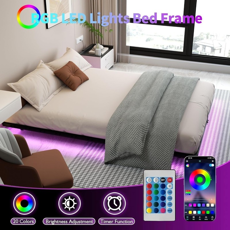 Queen Floating Bed Frame w/ LED Lights & USB Charging Station Metal Platform gallery
