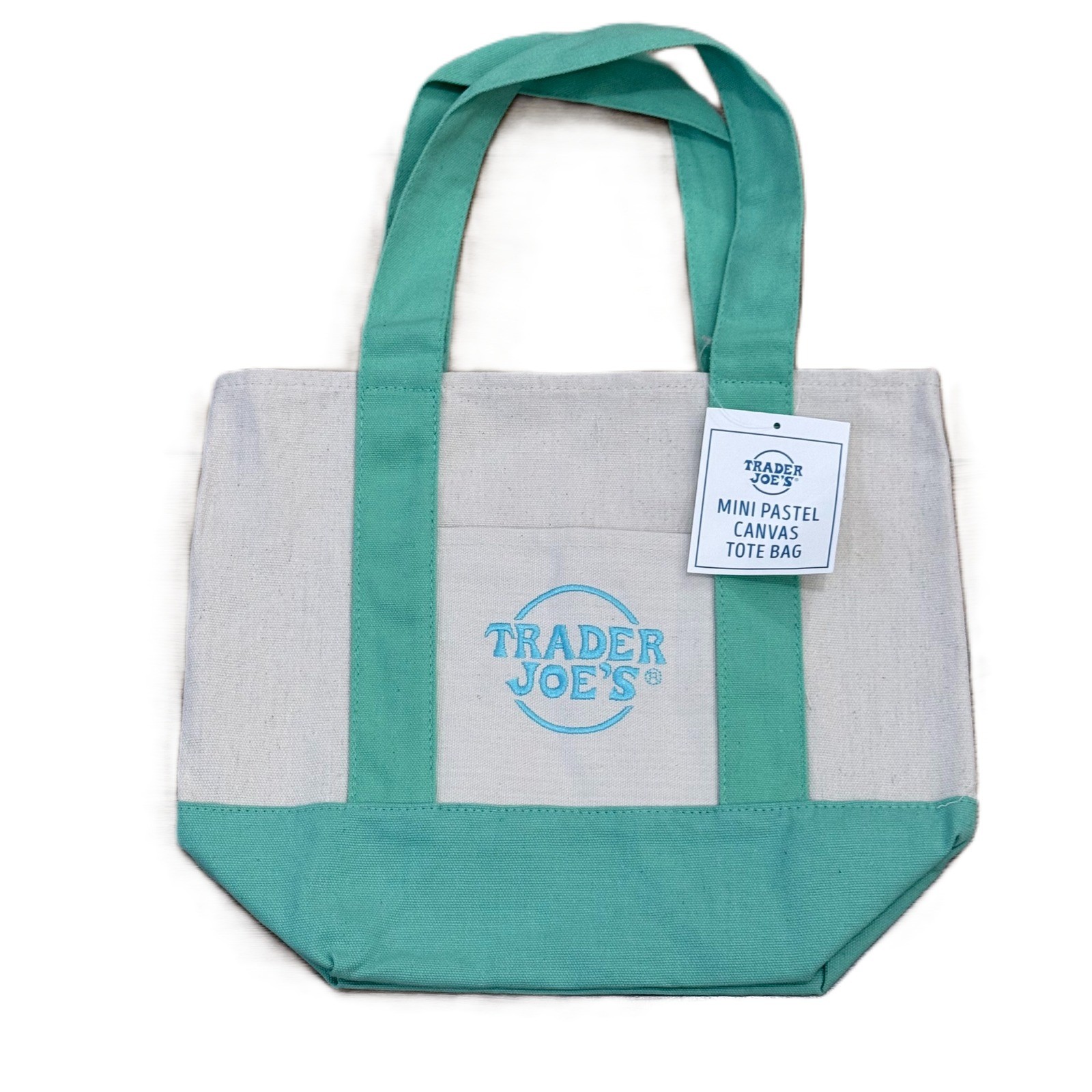 Trader Joe's Mini Pastel Canvas Tote Bag Teal Green Cream NWT 79986 gallery